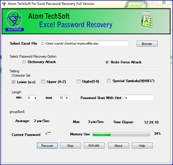 Recover Excel Password By Atom TechSoft Excel Password Recovery 