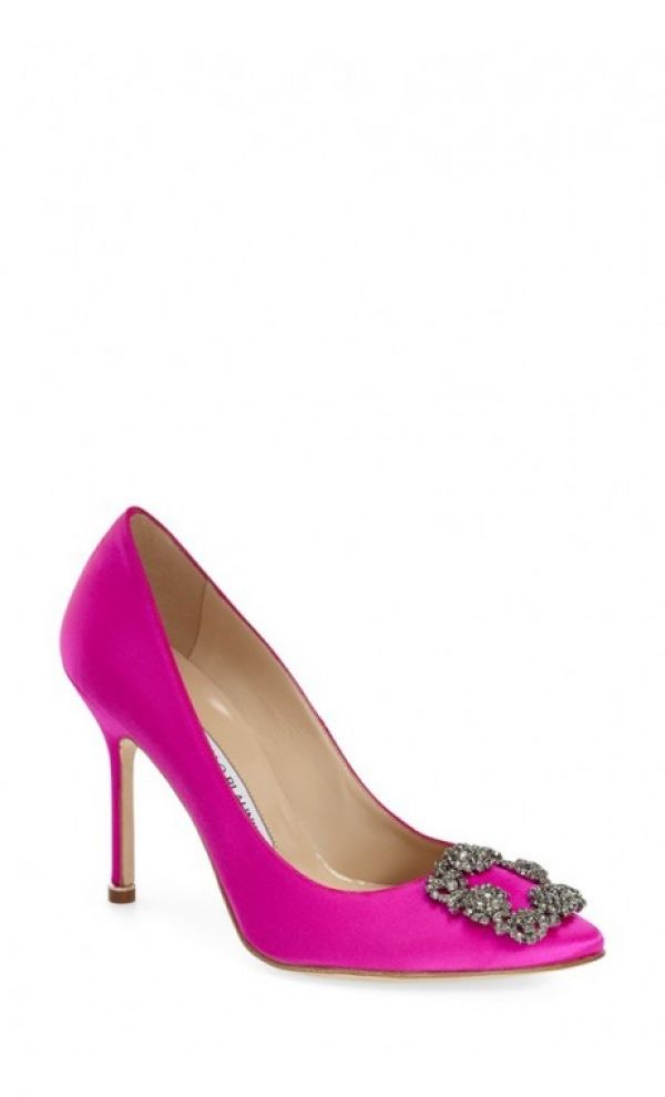 Manolo Blahnik Hangisi Jeweled Pump Hot Pink Satin
