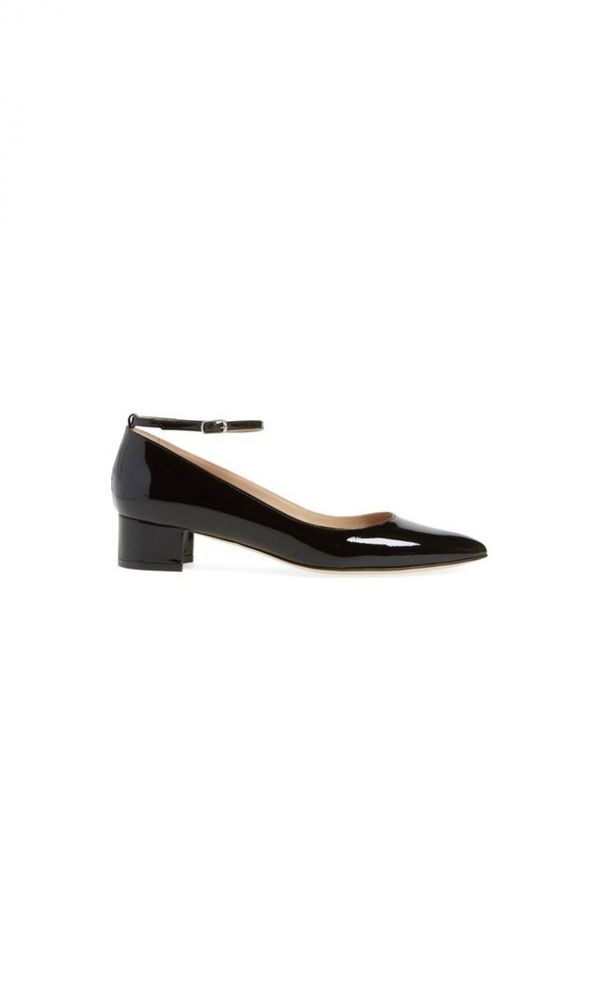 Manolo Blahnik Listony Ankle Strap Block Heel Patent Pump Black
