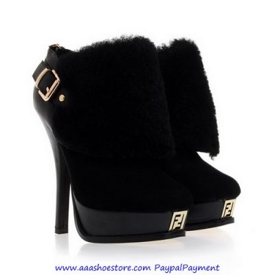 Wholesale Fendi Black Suede and Shearling Trim Buckle Platform Ankle Boots Free shipping Paypal paym