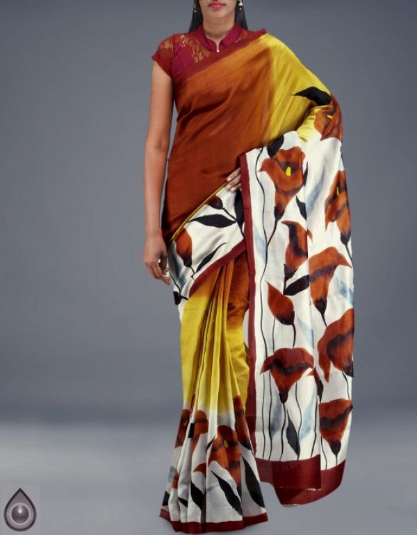 Online shopping for pure bengal dupion silk hand painted sarees by unnatisilks